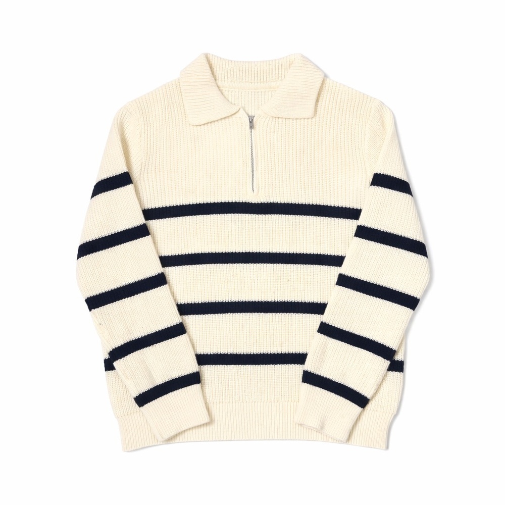 Dazy Men's Cream Zip-Collar Sweater with Black Stripes - Picture 1 of 2